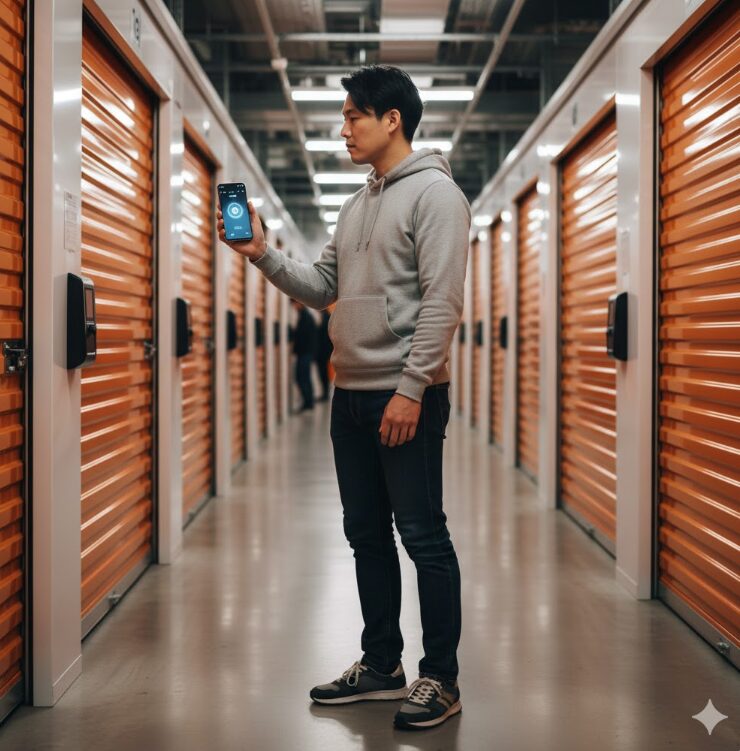 トランクルームの前で、スマホを操作して電子錠を開けようとしている日本人男性。