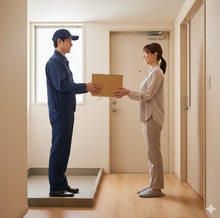 自宅の玄関先で、配送業者(日本人)に段ボール箱を手渡す日本人女性。