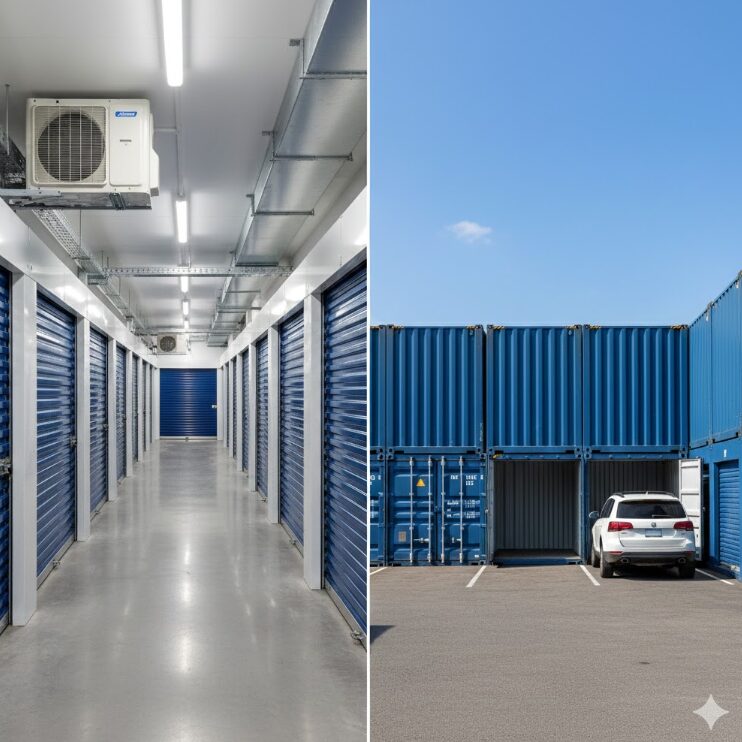 左側に清潔感のある明るい「室内型トランクルームの廊下」、右側に青空の下に並ぶ「屋外型コンテナ」を配置。
室内型側には空調設備が見え、屋外型側には車が横付けされている様子。