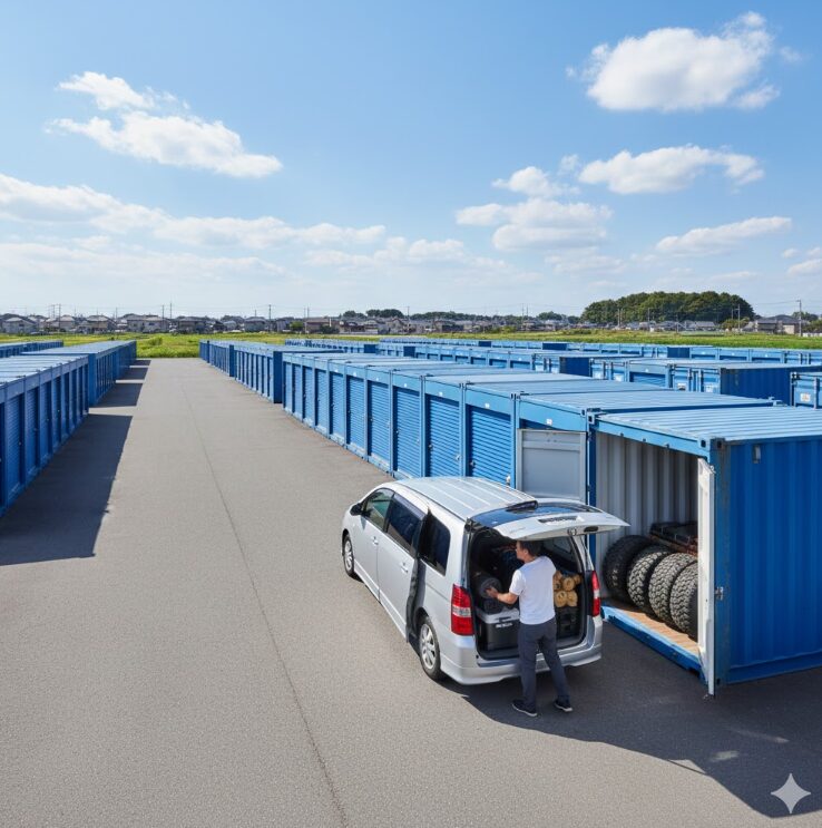 名古屋郊外の開けた土地にある、広大なコンテナパークの風景。
日本人の男性が、ミニバンのバックドアを開けて、キャンプ用品やタイヤなどの大きな荷物をコンテナに直接積み込んでいるシーン。