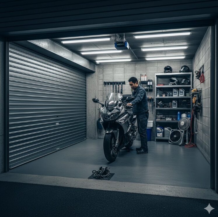 日本人の男性が、大切にしている大型バイクをガレージ内に格納し、メンテナンス用具を棚に整理している様子。