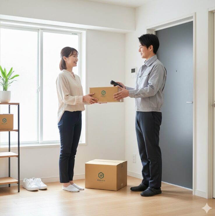 日本人の女性が、専用の段ボール箱に衣類や本を丁寧に詰め、宅配業者に手渡しているシーン。