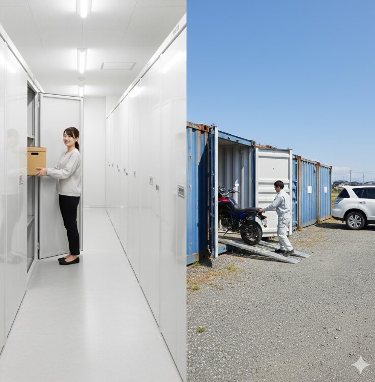 清潔感のある「屋内型」の通路と、広々とした「屋外コンテナ型」に車が横付けされている様子を左右に並べた分割画像。