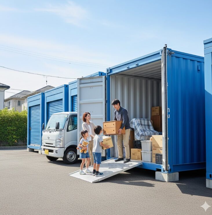 引越しのために、一時的にトランクルームに荷物を預けるファミリー