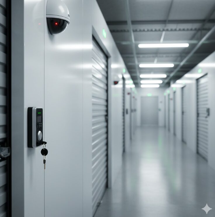 夜間でも明るい照明に照らされた施設と、電子ロックの操作パネル、防犯カメラが設置されている様子を捉えたクローズアップ。