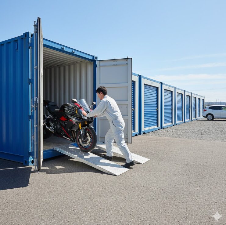 屋外コンテナの入り口にスロープが設置され、バイクをスムーズに入庫しようとしている様子。足元の舗装が綺麗な状態。
