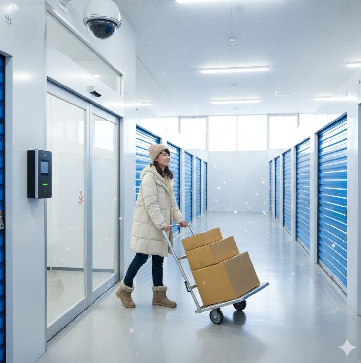 明るく清潔感のある札幌市内の屋内型トランクルームの入り口付近。
日本人の女性が、冬の装いで段ボールを台車に乗せてスムーズに運び込んでいる様子。