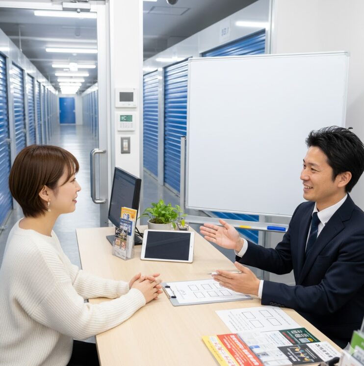 トランクルームの契約カウンターでスタッフから話を聞く女性