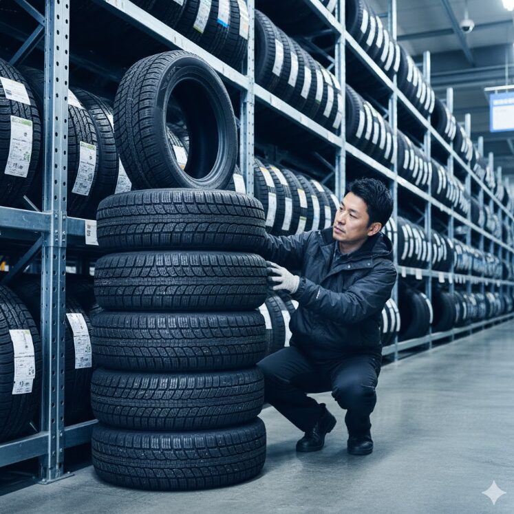 タイヤ保管専用のラックが並ぶ倉庫内、またはトランクルームの一角。



スタッドレスタイヤが4本綺麗に積み上げられているアップショット。
横に日本人の利用者がいて、タイヤのコンディションを確認している様子。