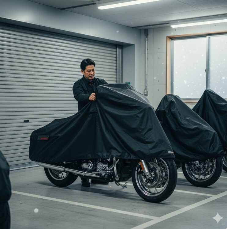 シャッター付きの屋内ガレージまたはバイク専用トランクルーム。



大型バイクが丁寧に保管されており、日本人のオーナーがカバーをかけようとしているシーン。
雪から守られた安全な環境を強調。