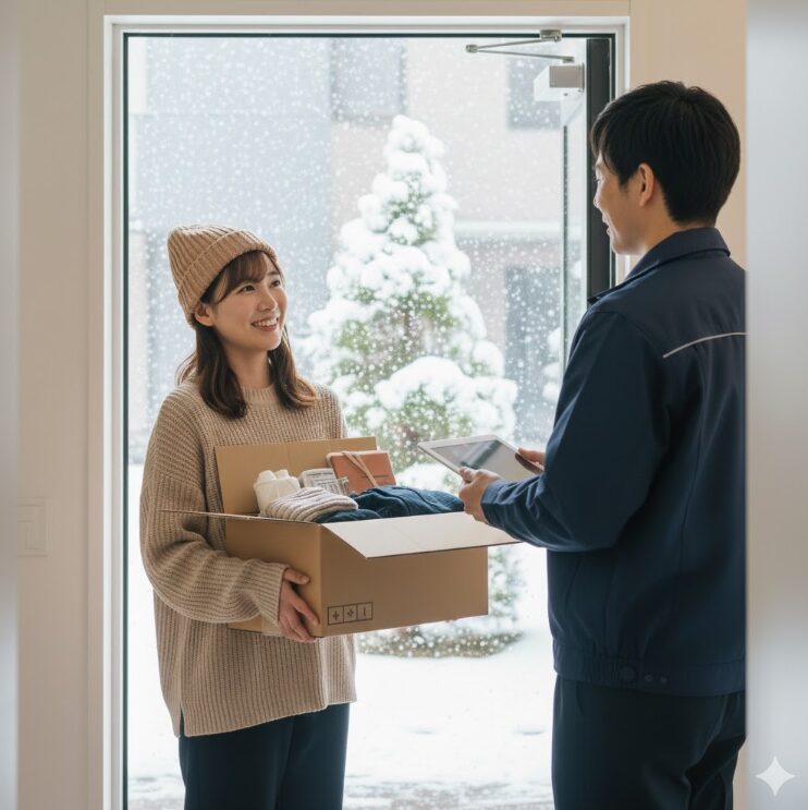 日本人の若者が、専用の段ボール箱に服や小物を詰めて、宅配業者に手渡している爽やかなシーン。
外は雪だが、一歩も出ずに完結する利便性を表現。