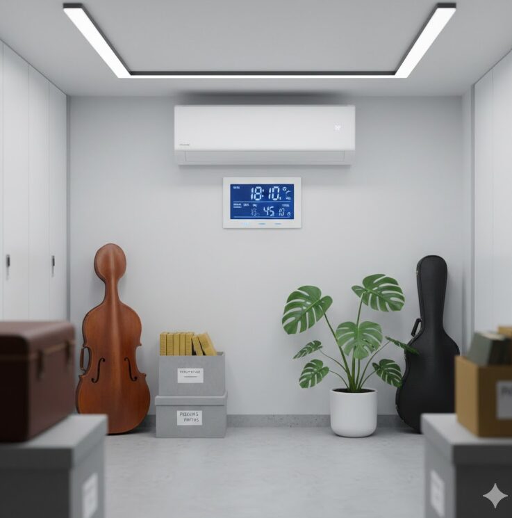 トランクルームの壁面に設置された最新のエアコンユニットと、その近くに置かれた温度計・湿度計。数値が適正であることを示している