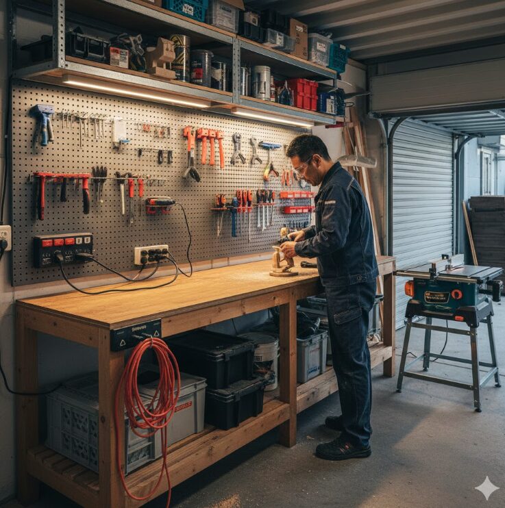 電源コンセントが完備されたガレージタイプのトランクルーム。木製の作業台(ワークベンチ)の上で、日本人の男性が小型の電動工具を使ってDIYに没頭している風景。