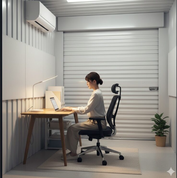 エアコンの効いた快適そうなトランクルーム内に、デスクとオフィスチェアを配置。日本人の女性がノートパソコンで作業をしたり、資料を整理したりしている落ち着いたシーン。デスクライトの柔らかな光が灯り、自宅でもカフェでもない「第3の場所」としての集中できる環境を表現。