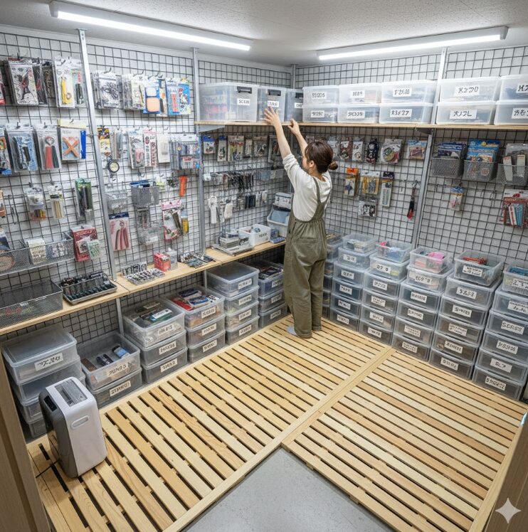 トランクルームの壁面に傷をつけない突っ張り棒やワイヤーネットを駆使して、小物が効率的に収納されている様子。床にはスノコが敷かれ、湿気対策も万全な様子を俯瞰気味に撮影。日本人の利用者が、ラベリングされたボックスを棚に収めている、整理整頓の行き届いた空間。