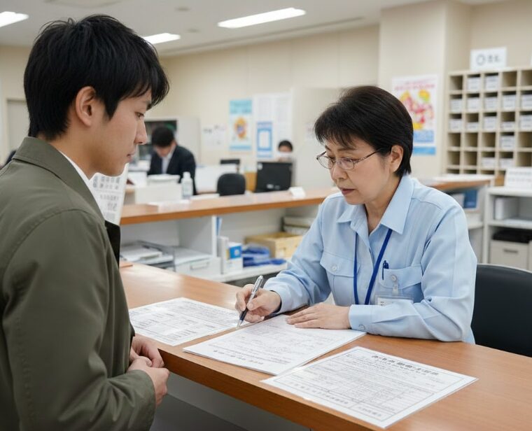 市役所や区役所の窓口で相談している日本人の人物(後ろ姿や横顔)と、書類。