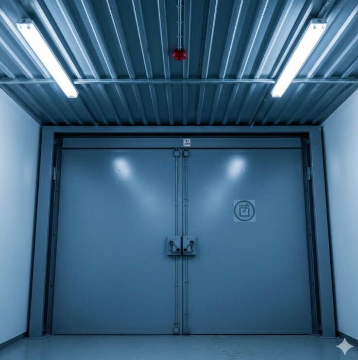 天井にあるスプリンクラー、火災報知器、および「物品保管用」であることを示す無機質な鉄扉。