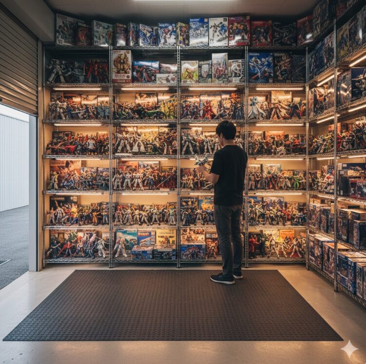 スチールラックに整然と並べられた趣味のコレクション(フィギュアやプラモデルなど)。
構図: 16:9のワイド画面を活かし、横に広がる棚全体を映す。手前には傷防止用のマットが敷かれている。