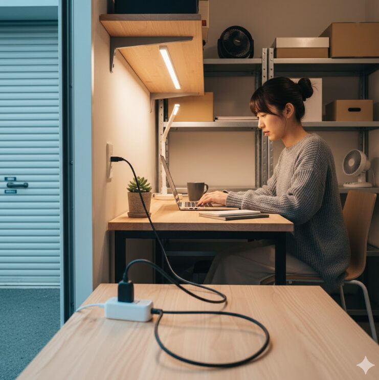 ワークトランク内で、ノートパソコンを広げて作業をする日本人の男性または女性。