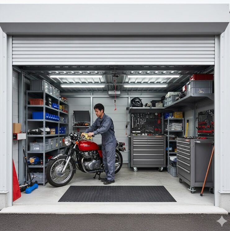ガレージタイプのトランクルーム内に置かれたバイクと、その傍らでヘルメットを磨いたり、工具箱を整理したりする日本人男性。