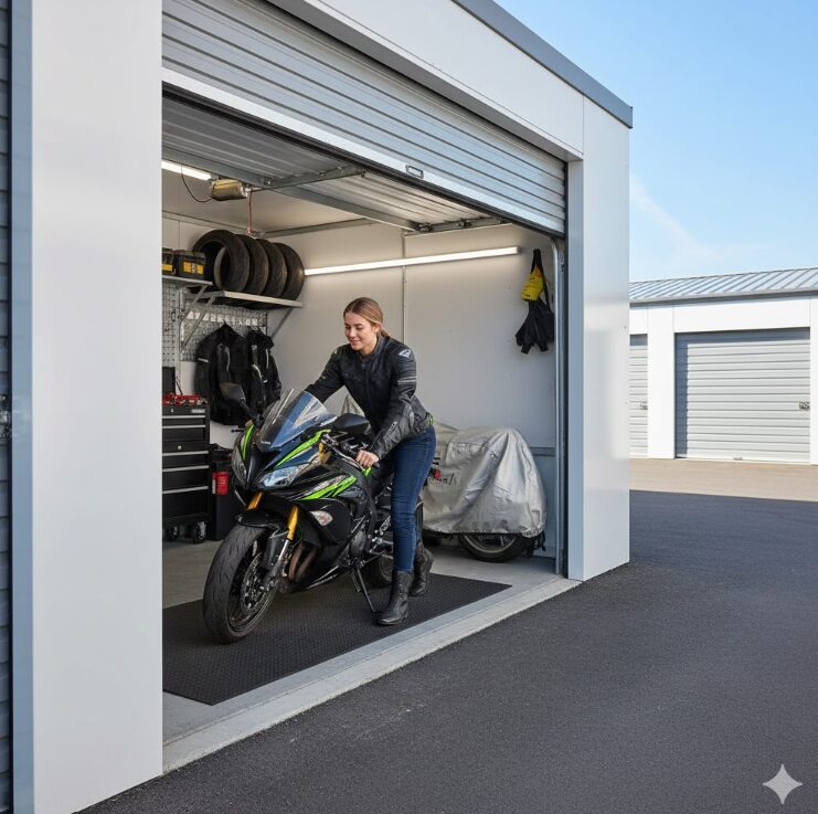 バイク用のトランクルームにバイクを預ける女性