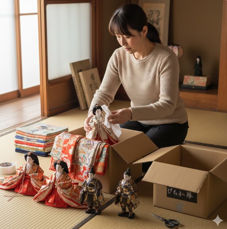 人形や着物を段ボールに梱包する女性