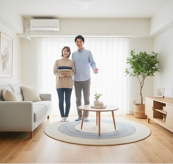 明るく清潔感のある日本のマンションの一室。 日本人の男女（または女性）が、段ボール数箱を前にして、部屋がスッキリしたことに満足している表情。 背景には、これから預ける予定の荷物が綺麗にまとめられている。