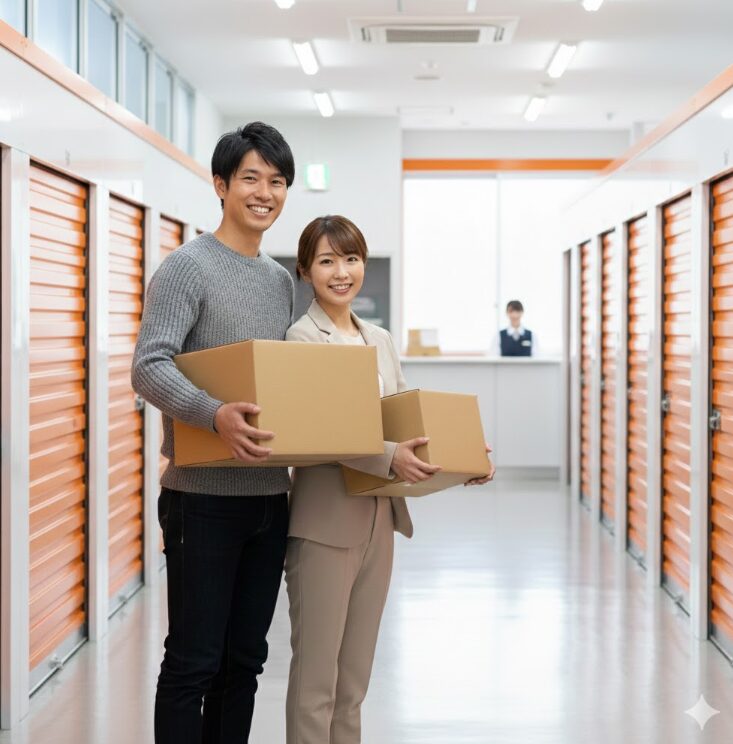 引越しの段ボール箱を抱えた日本人夫婦。