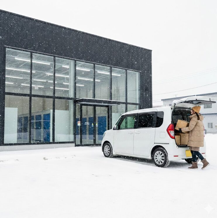 冬の札幌の雪景色とその中にあるトランクルーム。車が1台止まっており、中から荷物を持って出てくる女性の様子。