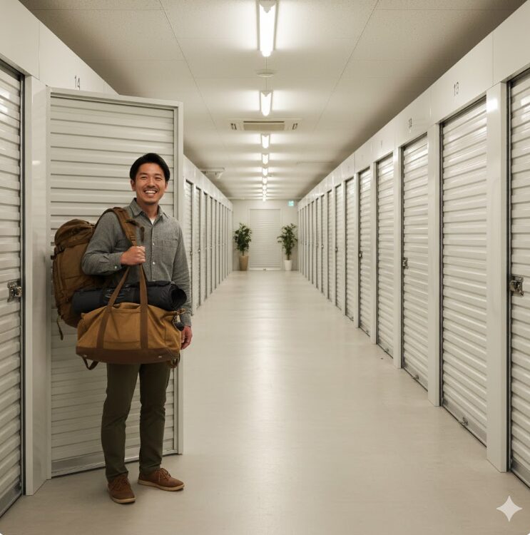 明るく清潔感のある屋内型トランクルームの入り口で、趣味の道具（キャンプ用品やカメラバッグなど）を持った笑顔の日本人男性が、自分だけのスペースを前にして期待に満ちた表情で立っている様子。