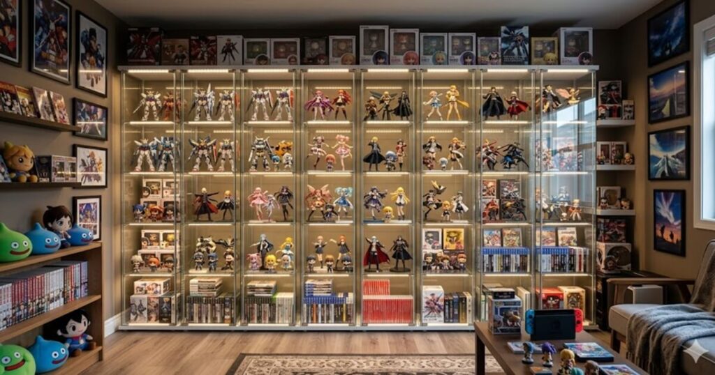 フィギュアやゲームなどのオタクグッズがびっしりと収納されているガラスのケースが置いてある部屋。