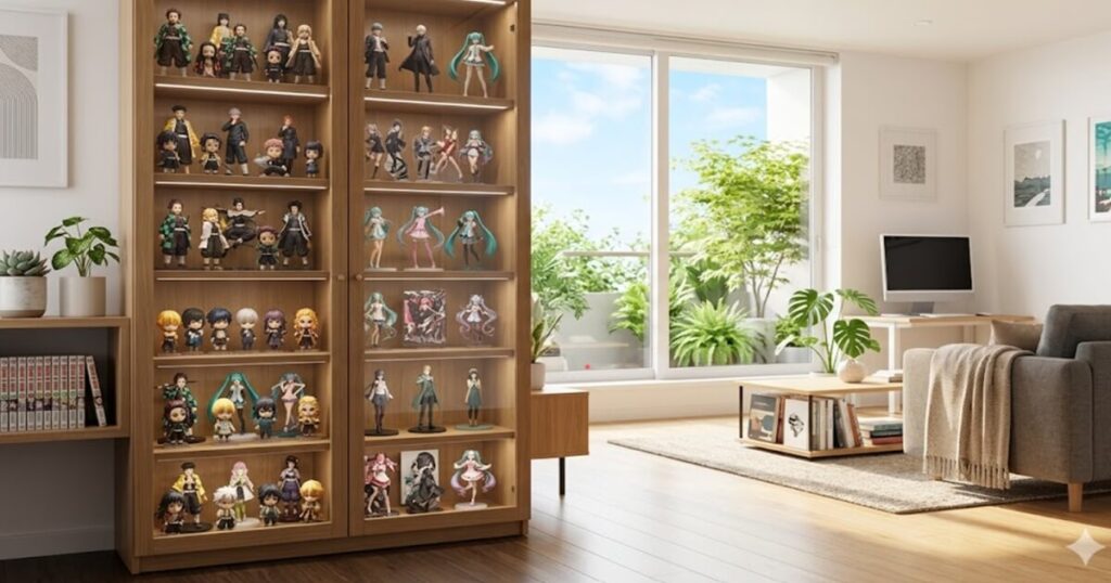 手前には整然と並んだフィギュアやアクリルスタンドが飾られた美しいコレクション棚があり、奥には窓から明るい光が差し込む清潔感のあるフローリングの部屋。片付けが完了し、QOLが高い「オタクの理想郷」を表現。