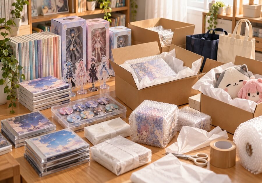 オタクグッズを買取や譲渡のために梱包している様子