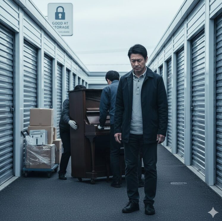 トランクルームから荷物(ピアノ等)を運び出さなければならなくなった、少し困惑した表情の日本人男性。