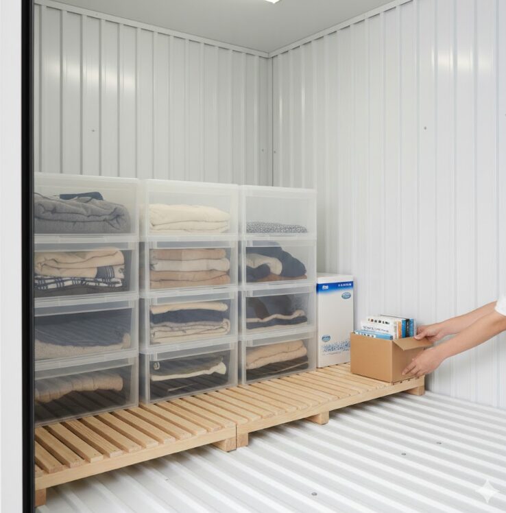 トランクルームの床に「すのこ」を敷き、その上に荷物を置いているクローズアップ。湿気取り剤が隅に置かれているなど、記事内の「5つの工夫」を再現。