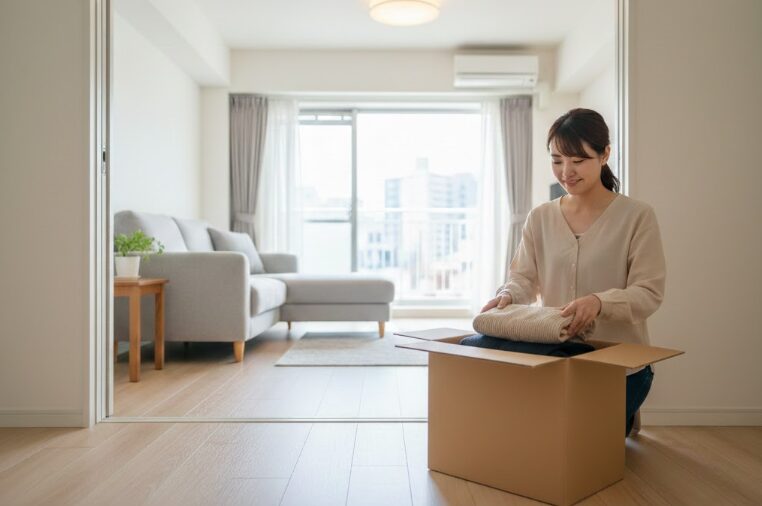 日本人の女性が、自宅の玄関で専用の段ボール箱に荷物を詰めている様子。背後にはスッキリ片付いたリビング。