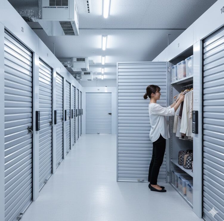 明るい照明と空調設備が見える、モダンで清潔な屋内トランクルームの通路。日本人の女性が大切な衣類をハンガーラックに掛けて保管している様子。