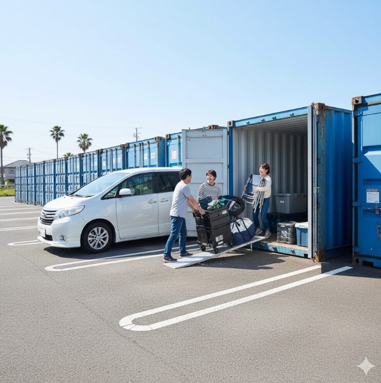 広い敷地に並ぶ頑丈な屋外コンテナ。日本人の家族が、キャンプ用品やタイヤなどの大型荷物を車からコンテナへスムーズに運び込んでいる活気ある風景。