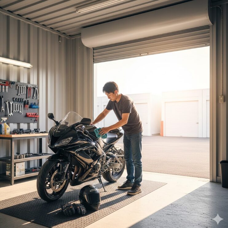 ガレージタイプのコンテナ内で、日本人の男性が趣味のバイクを丁寧にメンテナンスしている様子。ヘルメットや工具も整然と並んでいる。