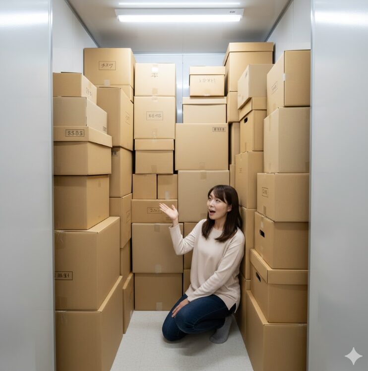 0.5畳程度のコンパクトなスペースに、段ボール箱が天井まで効率よく積み上げられている様子。日本人女性が「これだけ入るんだ」と感心しているようなポーズ。