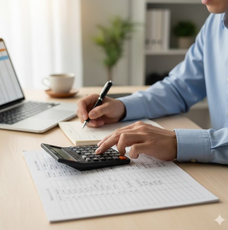 デスクの上で電卓を使用して、料金を計算している手元