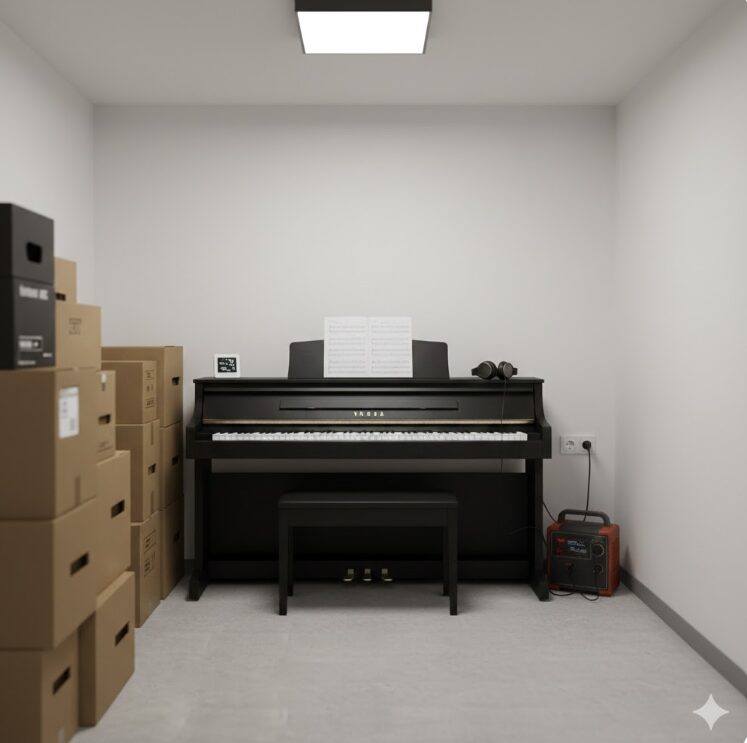 トランクルーム内に置かれた電子ピアノ