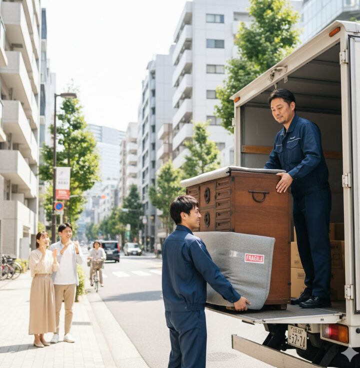 都市部で大型の宅配トランクルームの業者がタンスを運んでいる様子