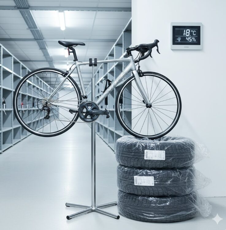 空調管理が行き届いた清潔な倉庫内。ロードバイクが専用スタンドに立てかけられ、その横にビニールで保護されたスタッドレスタイヤが整然と並んでいる。