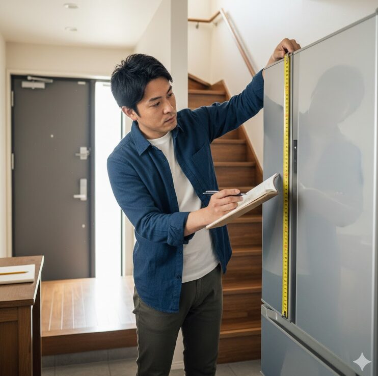 日本人の男性が、メジャー（巻尺）を使って冷蔵庫や廊下の幅を真剣に測っている様子。