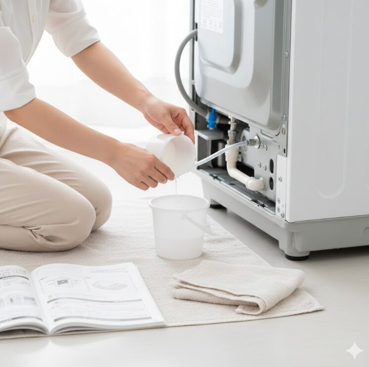 洗濯機の背面や下の部分で、日本人の女性がタオルとバケツを使って水抜き作業を丁寧に行っている様子。