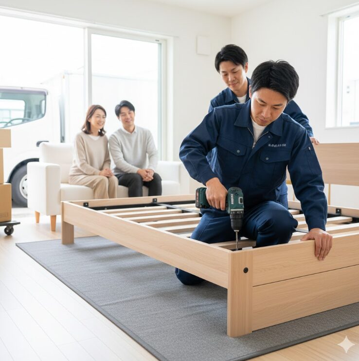 大きなベッドフレームを、プロの工具を使って手際よく解体している日本人の作業スタッフ。