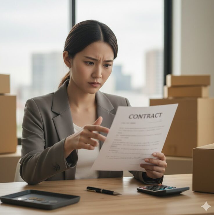 真剣な表情で書類を確認する日本人女性。書類の文字は見えないようにしてください。