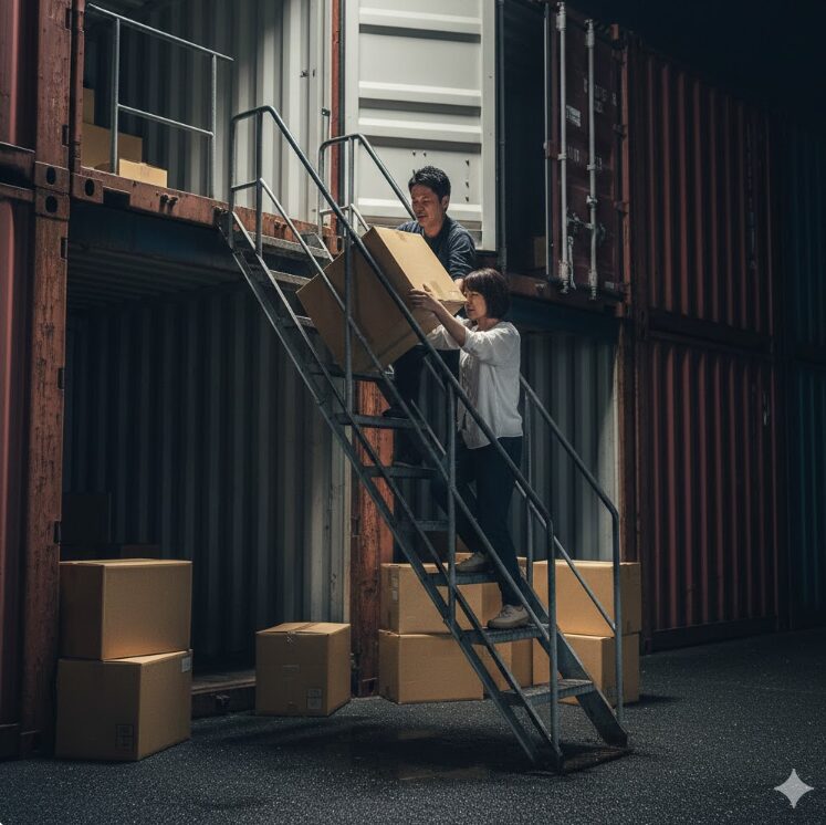 屋外コンテナの2階部分へ、タラップ（移動式階段）を使って重そうな段ボールを運び上げようとしている日本人の男女。