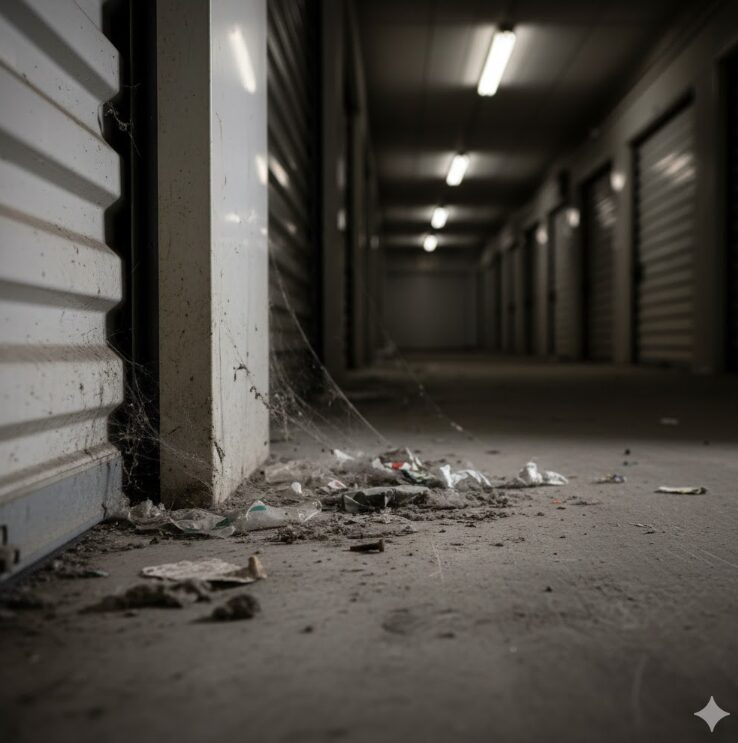 トランクルームの共用通路の隅に、放置されたゴミや糸屑、溜まったホコリのクローズアップ。

